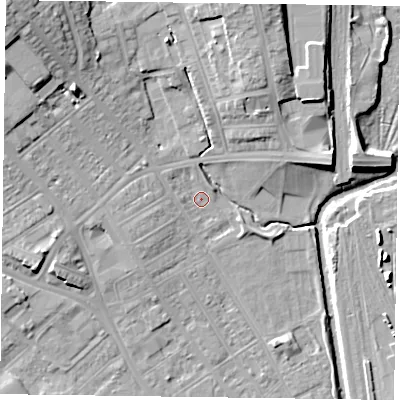 Shaded relief map of the ground around NN55EY, computed from Environment Agency LiDAR. The ground here sits at about 60 m above sea level and falls 16 m across the surrounding 800 m. Surface water reaching this point runs off ground lying to the north-west, 13.9 m higher.