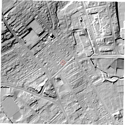 Shaded relief map of the ground around NN55EZ, computed from Environment Agency LiDAR. The ground here sits at about 63 m above sea level and falls 19 m across the surrounding 800 m. Surface water reaching this point runs off ground lying to the north-west, 2.5 m higher.