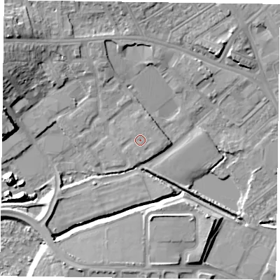 Shaded relief map of the ground around NN55FN, computed from Environment Agency LiDAR. The ground here sits at about 62 m above sea level and falls 14 m across the surrounding 800 m. Surface water reaching this point runs off ground lying to the south-south-east, 0.5 m higher.