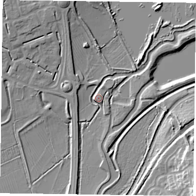 Shaded relief map of the ground around NN55FP, computed from Environment Agency LiDAR. The ground here sits at about 63 m above sea level and falls 20 m across the surrounding 800 m. Surface water reaching this point runs off ground lying to the west-north-west, 4.3 m higher.