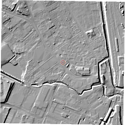 Shaded relief map of the ground around NN55HF, computed from Environment Agency LiDAR. The ground here sits at about 60 m above sea level and falls 9 m across the surrounding 800 m. Surface water reaching this point runs off ground lying to the north-west, 6.4 m higher.