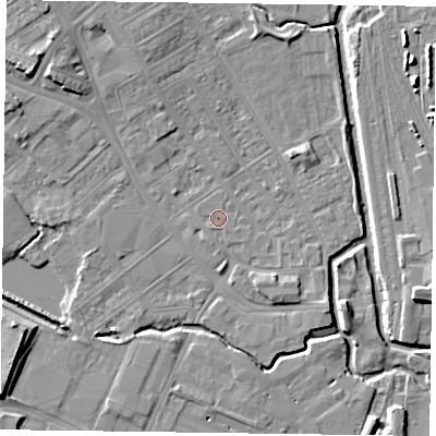 Shaded relief map of the ground around NN55HG, computed from Environment Agency LiDAR. The ground here sits at about 59 m above sea level and falls 9 m across the surrounding 800 m. Surface water reaching this point runs off ground lying to the south-south-west, 0.7 m higher.