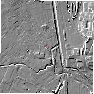 Shaded relief map of the ground around NN55HH, computed from Environment Agency LiDAR. The ground here sits at about 60 m above sea level and falls 18 m across the surrounding 800 m. Surface water reaching this point runs off ground lying to the south-south-east, 2.1 m higher.