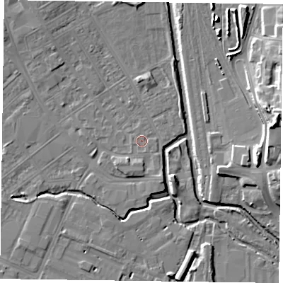 Shaded relief map of the ground around NN55HQ, computed from Environment Agency LiDAR. The ground here sits at about 60 m above sea level and falls 18 m across the surrounding 800 m. The ground contributing surface water to this point lies to the south-south-east.