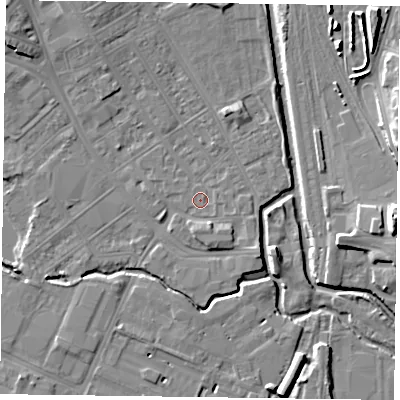 Shaded relief map of the ground around NN55HR, computed from Environment Agency LiDAR. The ground here sits at about 59 m above sea level and falls 13 m across the surrounding 800 m. Surface water reaching this point runs off ground lying to the south-south-east, 2.0 m higher.