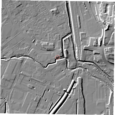 Shaded relief map of the ground around NN55HS, computed from Environment Agency LiDAR. The ground here sits at about 59 m above sea level and falls 18 m across the surrounding 800 m. Surface water reaching this point runs off ground lying to the north, 4.2 m higher.