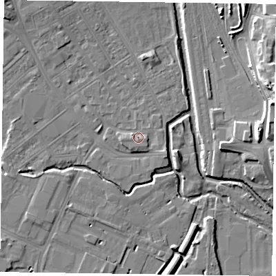 Shaded relief map of the ground around NN55HT, computed from Environment Agency LiDAR. The ground here sits at about 60 m above sea level and falls 16 m across the surrounding 800 m. Surface water reaching this point runs off ground lying to the south-south-west, 1.4 m higher.