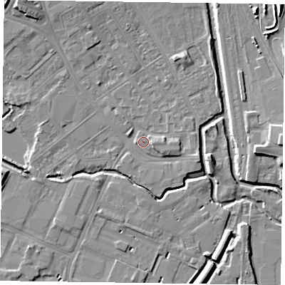 Shaded relief map of the ground around NN55HU, computed from Environment Agency LiDAR. The ground here sits at about 60 m above sea level and falls 8 m across the surrounding 800 m. Surface water reaching this point runs off ground lying to the north-west, 5.6 m higher.