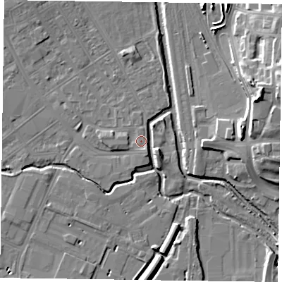Shaded relief map of the ground around NN55HW, computed from Environment Agency LiDAR. The ground here sits at about 60 m above sea level and falls 18 m across the surrounding 800 m. Surface water reaching this point runs off ground lying to the north-west, 4.8 m higher.