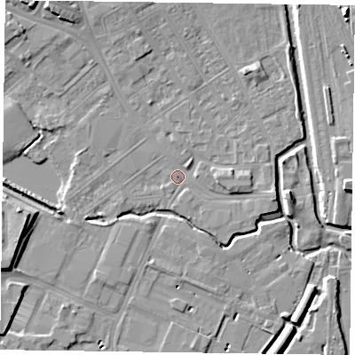 Shaded relief map of the ground around NN55HY, computed from Environment Agency LiDAR. The ground here sits at about 59 m above sea level and falls 9 m across the surrounding 800 m. Surface water reaching this point runs off ground lying to the north-west, 6.3 m higher.