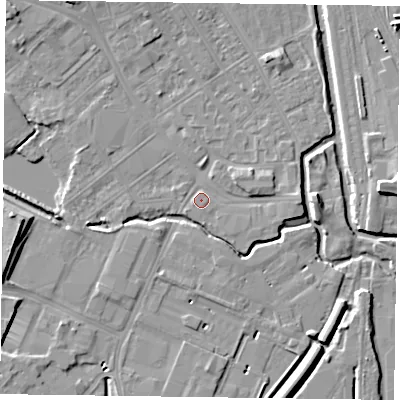 Shaded relief map of the ground around NN55JA, computed from Environment Agency LiDAR. The ground here sits at about 60 m above sea level and falls 9 m across the surrounding 800 m. Surface water reaching this point runs off ground lying to the north-west, 4.4 m higher.