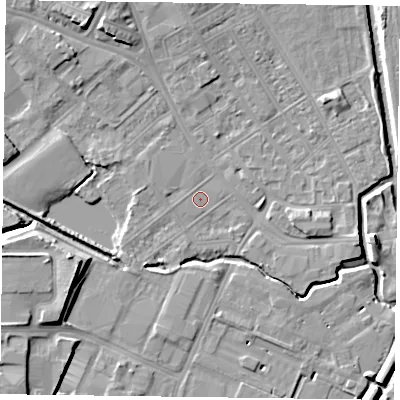Shaded relief map of the ground around NN55JB, computed from Environment Agency LiDAR. The ground here sits at about 59 m above sea level and falls 9 m across the surrounding 800 m. Surface water reaching this point runs off ground lying to the south-west, 1.4 m higher.