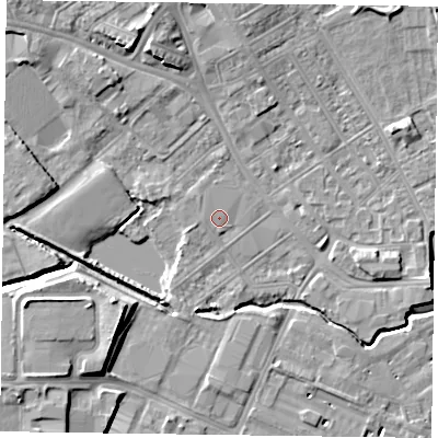 Shaded relief map of the ground around NN55JD, computed from Environment Agency LiDAR. The ground here sits at about 60 m above sea level and falls 9 m across the surrounding 800 m. Surface water reaching this point runs off ground lying to the west-south-west, 0.6 m higher.