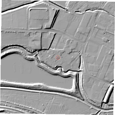 Shaded relief map of the ground around NN55JF, computed from Environment Agency LiDAR. The ground here sits at about 61 m above sea level and falls 10 m across the surrounding 800 m. Surface water reaching this point runs off ground lying to the west-north-west, 1.0 m higher.