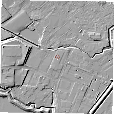 Shaded relief map of the ground around NN55JH, computed from Environment Agency LiDAR. The ground here sits at about 61 m above sea level and falls 9 m across the surrounding 800 m. The ground contributing surface water to this point lies to the south-east.