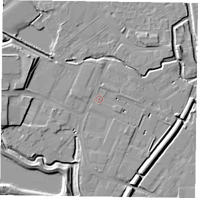 Shaded relief map of the ground around NN55JN, computed from Environment Agency LiDAR. The ground here sits at about 60 m above sea level and falls 9 m across the surrounding 800 m. Surface water reaching this point runs off ground lying to the north-north-east, 1.0 m higher.