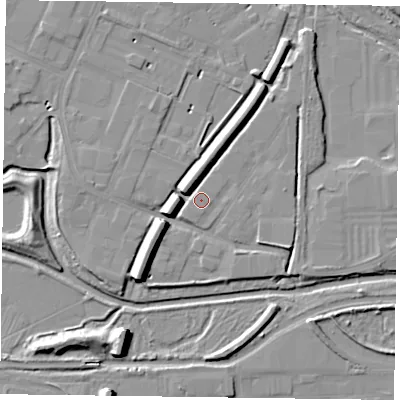 Shaded relief map of the ground around NN55JP, computed from Environment Agency LiDAR. The ground here sits at about 60 m above sea level and falls 10 m across the surrounding 800 m. Surface water reaching this point runs off ground lying to the west, 6.4 m higher.