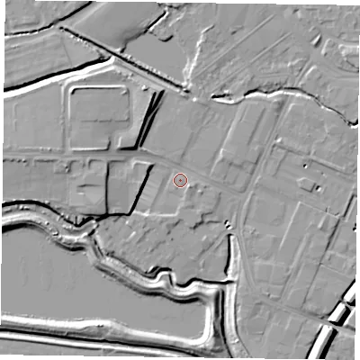 Shaded relief map of the ground around NN55JR, computed from Environment Agency LiDAR. The ground here sits at about 60 m above sea level and falls 9 m across the surrounding 800 m. Surface water reaching this point runs off ground lying to the west, 6.1 m higher.