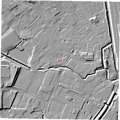 Shaded relief map of the ground around NN55JS, computed from Environment Agency LiDAR. The ground here sits at about 59 m above sea level and falls 9 m across the surrounding 800 m. Surface water reaching this point runs off ground lying to the west-south-west, 3.0 m higher.