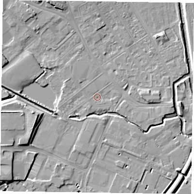 Shaded relief map of the ground around NN55JU, computed from Environment Agency LiDAR. The ground here sits at about 59 m above sea level and falls 9 m across the surrounding 800 m. Surface water reaching this point runs off ground lying to the south-west, 1.3 m higher.