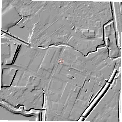 Shaded relief map of the ground around NN55JW, computed from Environment Agency LiDAR. The ground here sits at about 60 m above sea level and falls 9 m across the surrounding 800 m. Surface water reaching this point runs off ground lying to the south-south-west, 1.1 m higher.
