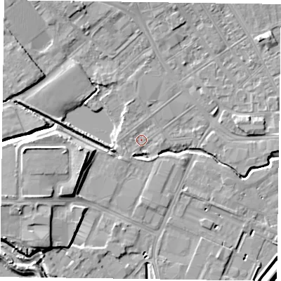 Shaded relief map of the ground around NN55JX, computed from Environment Agency LiDAR. The ground here sits at about 60 m above sea level and falls 9 m across the surrounding 800 m. Surface water reaching this point runs off ground lying to the south-west, 1.2 m higher.