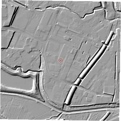 Shaded relief map of the ground around NN55JY, computed from Environment Agency LiDAR. The ground here sits at about 60 m above sea level and falls 9 m across the surrounding 800 m. Surface water reaching this point runs off ground lying to the south, 0.7 m higher.