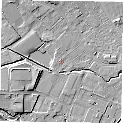 Shaded relief map of the ground around NN55JZ, computed from Environment Agency LiDAR. The ground here sits at about 60 m above sea level and falls 9 m across the surrounding 800 m. Surface water reaching this point runs off ground lying to the south-south-west, 1.2 m higher.