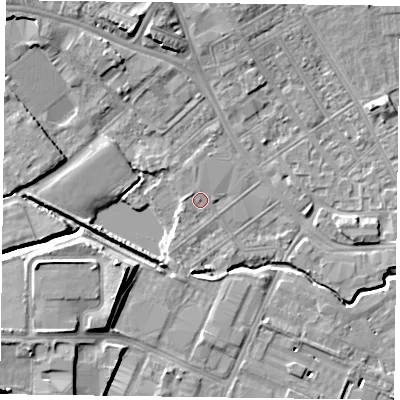 Shaded relief map of the ground around NN55LA, computed from Environment Agency LiDAR. The ground here sits at about 60 m above sea level and falls 9 m across the surrounding 800 m. Surface water reaching this point runs off ground lying to the west, 1.1 m higher.