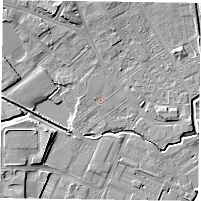 Shaded relief map of the ground around NN55LB, computed from Environment Agency LiDAR. The ground here sits at about 60 m above sea level and falls 9 m across the surrounding 800 m. Surface water reaching this point runs off ground lying to the west, 1.3 m higher.