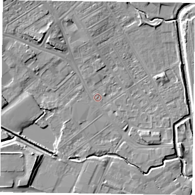 Shaded relief map of the ground around NN55LD, computed from Environment Agency LiDAR. The ground here sits at about 60 m above sea level and falls 9 m across the surrounding 800 m. Surface water reaching this point runs off ground lying to the north-west, 6.0 m higher.
