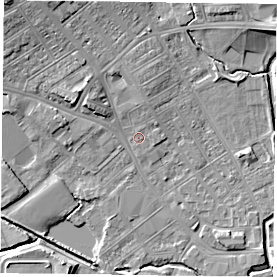 Shaded relief map of the ground around NN55LE, computed from Environment Agency LiDAR. The ground here sits at about 60 m above sea level and falls 12 m across the surrounding 800 m. Surface water reaching this point runs off ground lying to the north-north-east, 0.9 m higher.