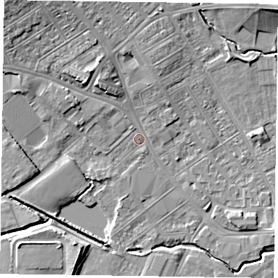 Shaded relief map of the ground around NN55LF, computed from Environment Agency LiDAR. The ground here sits at about 60 m above sea level and falls 11 m across the surrounding 800 m. Surface water reaching this point runs off ground lying to the north-west, 8.3 m higher.