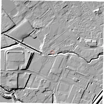 Shaded relief map of the ground around NN55LG, computed from Environment Agency LiDAR. The ground here sits at about 59 m above sea level and falls 9 m across the surrounding 800 m. Surface water reaching this point runs off ground lying to the west-south-west, 3.0 m higher.