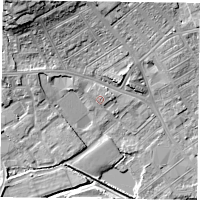 Shaded relief map of the ground around NN55LL, computed from Environment Agency LiDAR. The ground here sits at about 62 m above sea level and falls 19 m across the surrounding 800 m. Surface water reaching this point runs off ground lying to the north-east, 2.0 m higher.