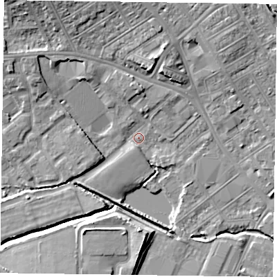 Shaded relief map of the ground around NN55LN, computed from Environment Agency LiDAR. The ground here sits at about 60 m above sea level and falls 10 m across the surrounding 800 m. Surface water reaching this point runs off ground lying to the north-west, 5.4 m higher.