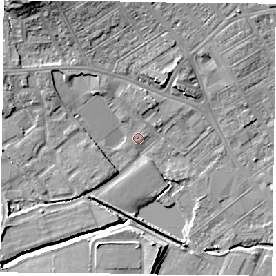 Shaded relief map of the ground around NN55LP, computed from Environment Agency LiDAR. The ground here sits at about 61 m above sea level and falls 15 m across the surrounding 800 m. Surface water reaching this point runs off ground lying to the west-north-west, 5.4 m higher.