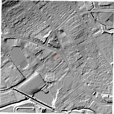 Shaded relief map of the ground around NN55LQ, computed from Environment Agency LiDAR. The ground here sits at about 61 m above sea level and falls 14 m across the surrounding 800 m. Surface water reaching this point runs off ground lying to the west-north-west, 1.1 m higher.
