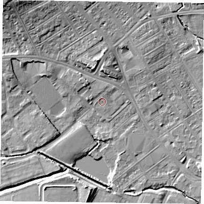 Shaded relief map of the ground around NN55LR, computed from Environment Agency LiDAR. The ground here sits at about 61 m above sea level and falls 14 m across the surrounding 800 m. Surface water reaching this point runs off ground lying to the north-west, 1.4 m higher.
