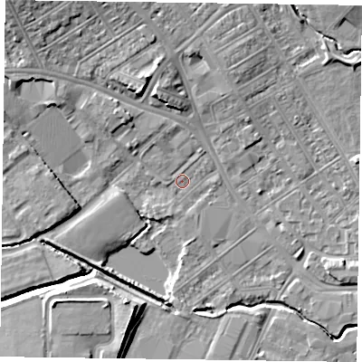 Shaded relief map of the ground around NN55LS, computed from Environment Agency LiDAR. The ground here sits at about 60 m above sea level and falls 10 m across the surrounding 800 m. Surface water reaching this point runs off ground lying to the north-north-west, 1.9 m higher.