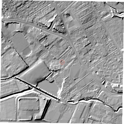 Shaded relief map of the ground around NN55LT, computed from Environment Agency LiDAR. The ground here sits at about 60 m above sea level and falls 9 m across the surrounding 800 m. Surface water reaching this point runs off ground lying to the north, 0.5 m higher.