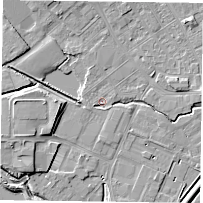 Shaded relief map of the ground around NN55LX, computed from Environment Agency LiDAR. The ground here sits at about 59 m above sea level and falls 9 m across the surrounding 800 m. Surface water reaching this point runs off ground lying to the west-south-west, 3.0 m higher.