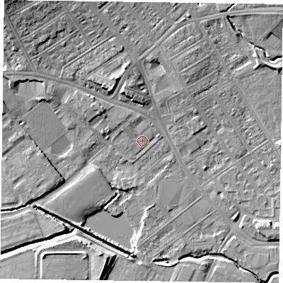 Shaded relief map of the ground around NN55LY, computed from Environment Agency LiDAR. The ground here sits at about 60 m above sea level and falls 13 m across the surrounding 800 m. Surface water reaching this point runs off ground lying to the north-west, 1.7 m higher.