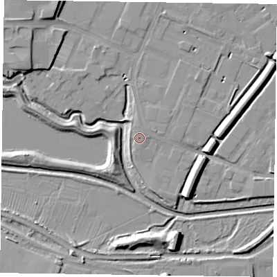 Shaded relief map of the ground around NN55RA, computed from Environment Agency LiDAR. The ground here sits at about 61 m above sea level and falls 9 m across the surrounding 800 m. Surface water reaching this point runs off ground lying to the north-north-west, 0.9 m higher.