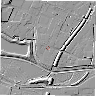 Shaded relief map of the ground around NN55TZ, computed from Environment Agency LiDAR. The ground here sits at about 60 m above sea level and falls 10 m across the surrounding 800 m. Surface water reaching this point runs off ground lying to the south-south-west, 1.5 m higher.