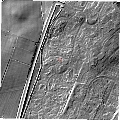 Shaded relief map of the ground around NN56EQ, computed from Environment Agency LiDAR. The ground here sits at about 105 m above sea level and falls 18 m across the surrounding 800 m. Surface water reaching this point runs off ground lying to the south-south-east, 7.8 m higher.