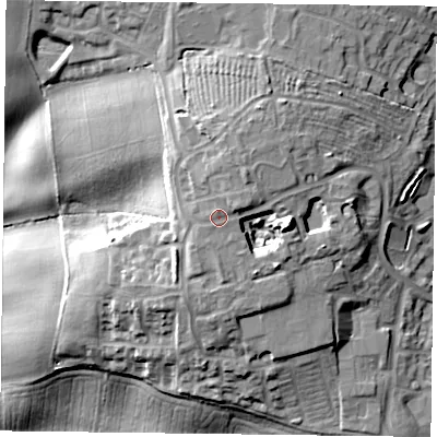 Shaded relief map of the ground around NN56JA, computed from Environment Agency LiDAR. The ground here sits at about 120 m above sea level and falls 33 m across the surrounding 800 m. Surface water reaching this point runs off ground lying to the east-north-east, 1.9 m higher.