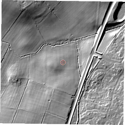 Shaded relief map of the ground around NN56RX, computed from Environment Agency LiDAR. The ground here sits at about 99 m above sea level and falls 21 m across the surrounding 800 m. Surface water reaching this point runs off ground lying to the south-west, 2.7 m higher.