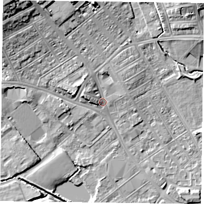 Shaded relief map of the ground around NN57AE, computed from Environment Agency LiDAR. The ground here sits at about 62 m above sea level and falls 17 m across the surrounding 800 m. Surface water reaching this point runs off ground lying to the north-west, 14.6 m higher.