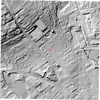Shaded relief map of the ground around NN57AU, computed from Environment Agency LiDAR. The ground here sits at about 64 m above sea level and falls 22 m across the surrounding 800 m. Surface water reaching this point runs off ground lying to the west, 1.5 m higher.